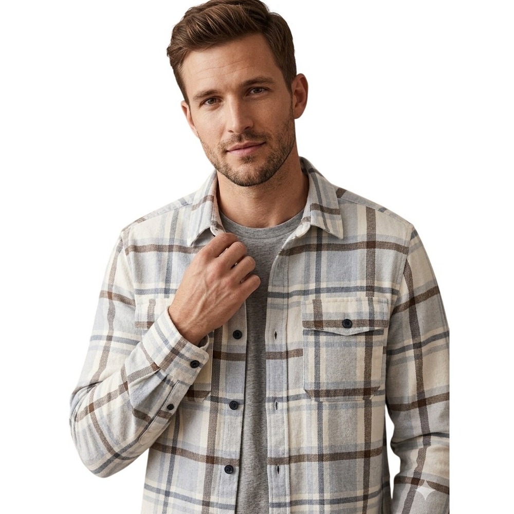 HM‎ Mens Plaid Flannel Button Down Shirt Cream Blue Brown Long Sleeve Size M